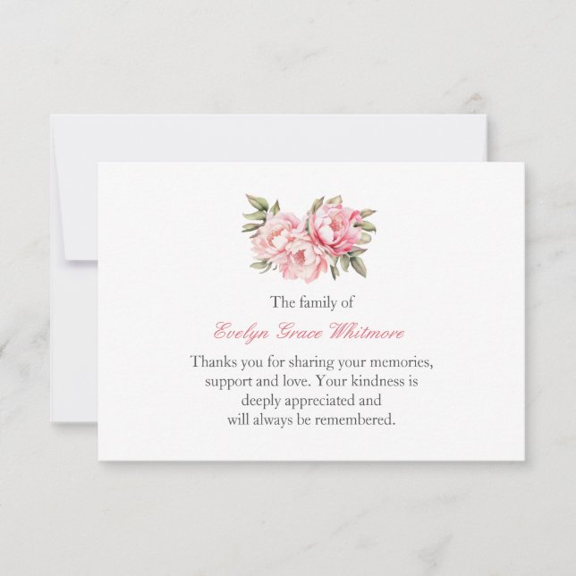 Delicate Watercolor Pink Peony funeral thank you (Front)