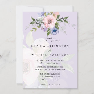 Delicate Watercolor Pink Rose Purple Wedding Invitation