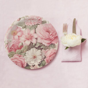 Delicate Watercolor Pink Roses & Apple Blossoms Paper Plate