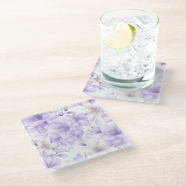 Delicate Watercolor Purple Flowers  Glass Coaster (Angled)