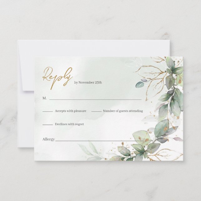 Delicate watercolor sage green and gold rsvp card (Front)
