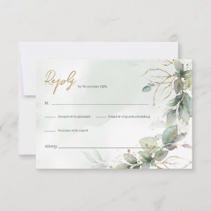 Delicate watercolor sage green and gold rsvp card