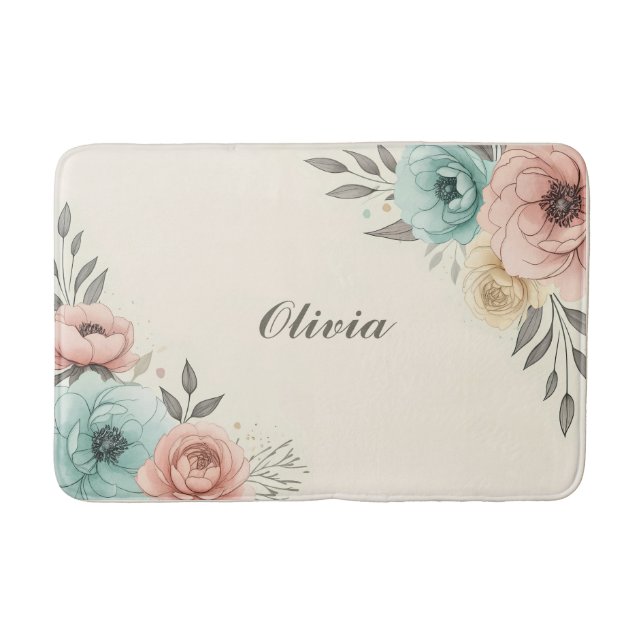 Delicate Watercolor Sketchy Flowers  Bath Mat (Front)