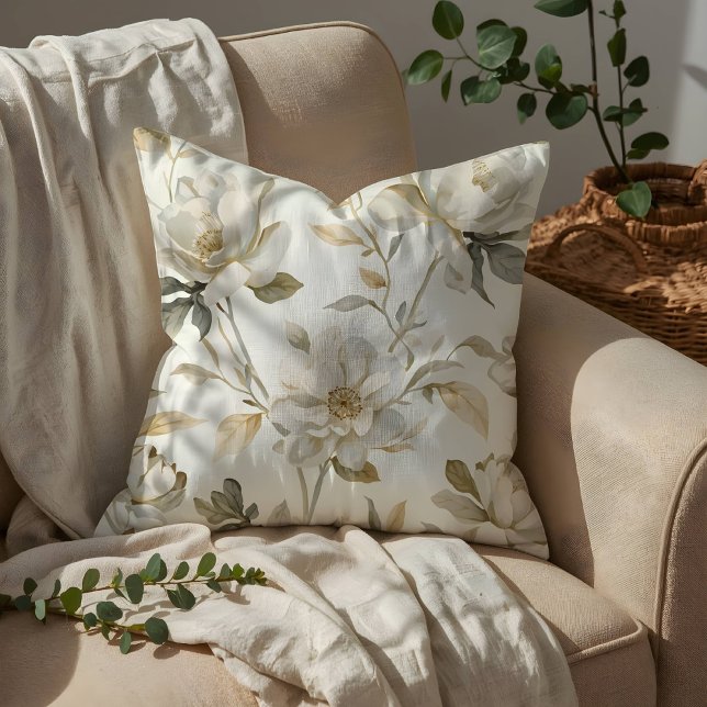 Delicate Watercolor White Floral Pattern Cushion (Creator Uploaded)
