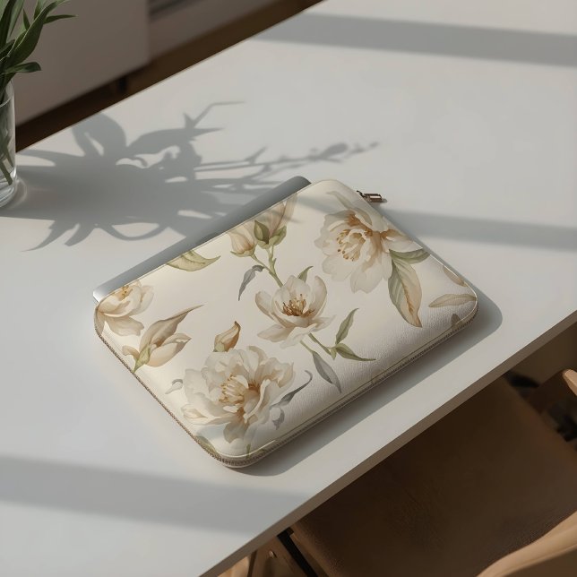 Delicate Watercolor White Floral Pattern Laptop Sleeve (Creator Uploaded)