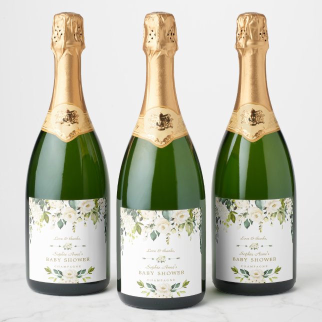 Delicate Watercolor White Flowers Baby Shower Sparkling Wine Label (Bottles)