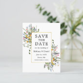 Delicate Watercolor Wildflowers Gold Save The Date Postcard (Standing Front)
