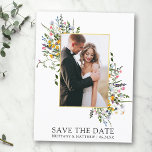 Delicate Watercolor Wildflowers Save The Date Postcard<br><div class="desc">Modern Watercolor Wildflower Wedding Wedding Engagement Announcement Save The Date Postcard includes yellow,  pink,  purple,  dusty blue and white wild flowers,  eucalyptus leaves,  sage green leaves and other botanical greenery on a gold frame. Couple Photo.</div>