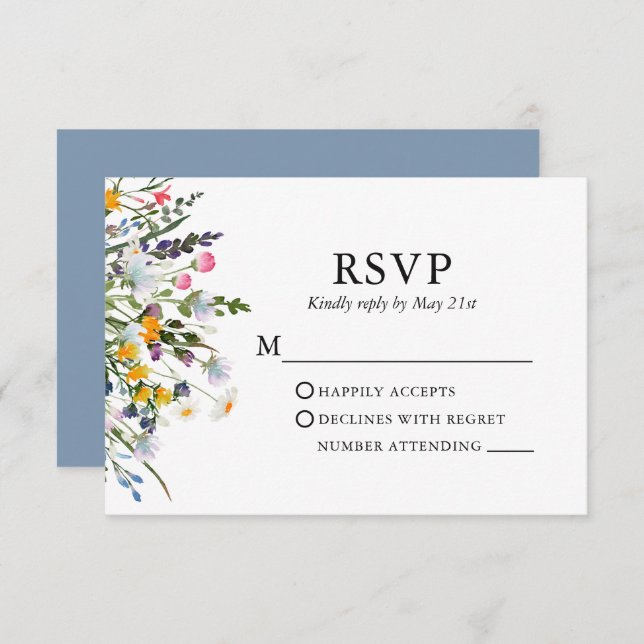 Delicate Watercolor Wildflowers Wedding Dusty Blue RSVP Card (Front/Back)