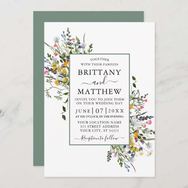 Delicate Watercolor Wildflowers Wedding Sage Green Invitation (Front/Back)