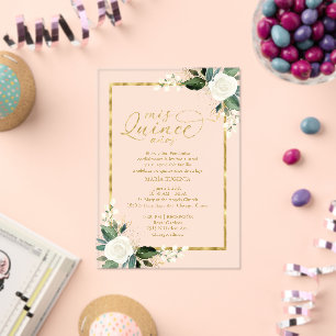 Delicate White And Gold Floral Quinceañera  Acrylic Invitations