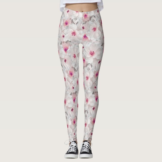 Delicate white and pink floral leggings (Front)