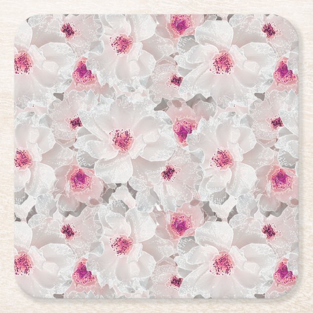 Delicate white and pink floral square paper coaster (Front)
