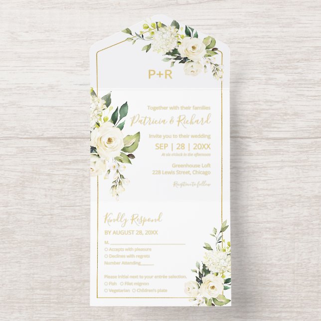 Delicate White Cream Floral Elegant Wedding All In One Invitation (Inside)