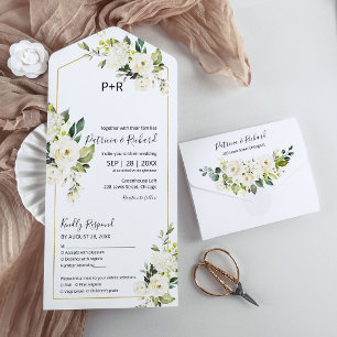 Delicate White Cream Floral Elegant Wedding All In One Invitation