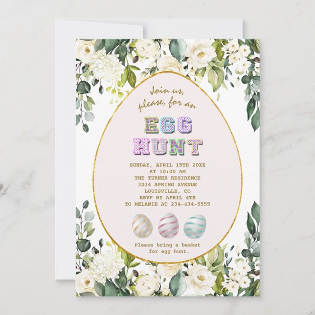Delicate White Cream Flowers Gold Egg Hunt Easter Invitation (Front)