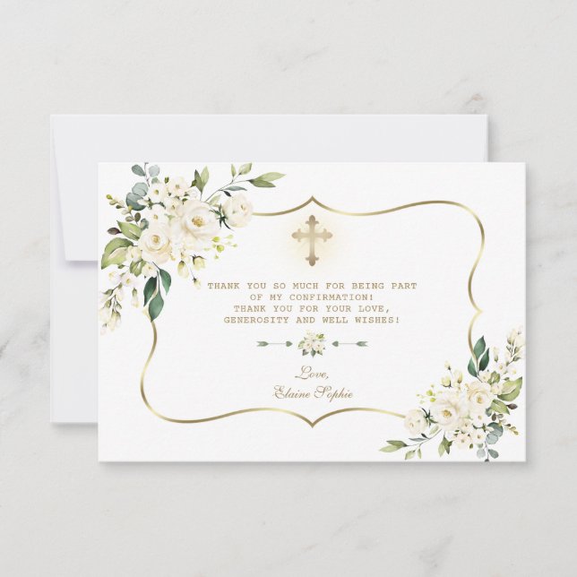 Delicate White Floral Gold Cross Girl Confirmation Thank You Card (Front)