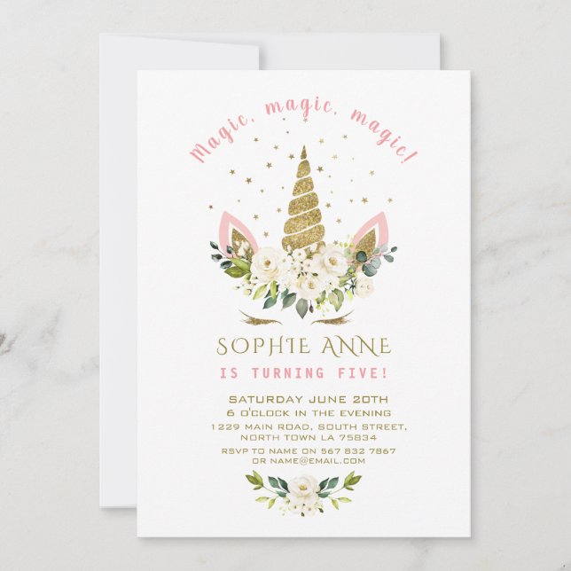 Delicate White Floral Gold Unicorn Girl Birthday Invitation (Front)