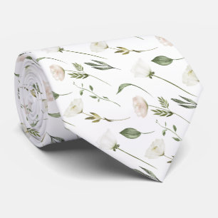 Delicate White Floral Green Leaves On White Tie