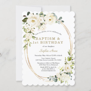 Delicate White Flowers Girl 1st Birthday Baptism Invitation