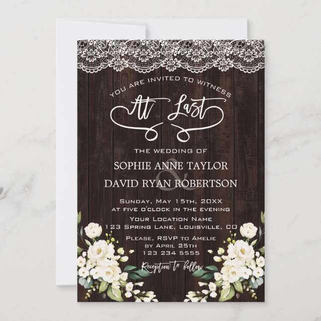 Delicate White Flowers Lace Handwriting Wedding Invitation (Front)