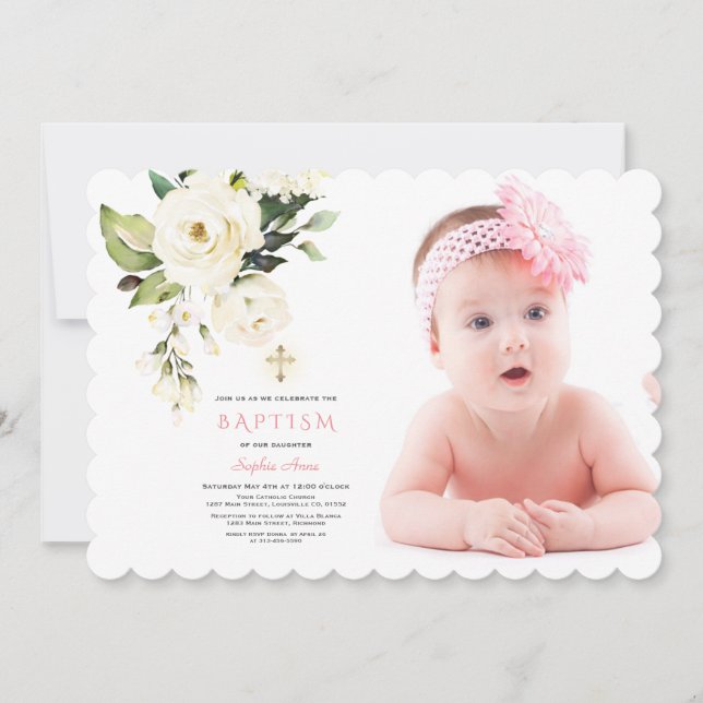 Delicate White Flowers Photo Girl Gold Baptism Invitation (Front)