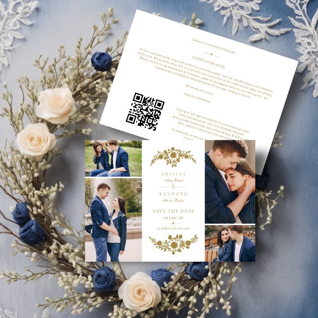 Delicate White & Gold 4 Photos Collage Wedding Save The Date (Delicate White & Gold 4 Photos Collage Wedding Save the Date Card.)