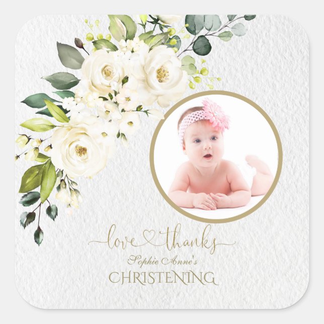 Delicate White Ivory Floral Girl Photo Christening Square Sticker (Front)