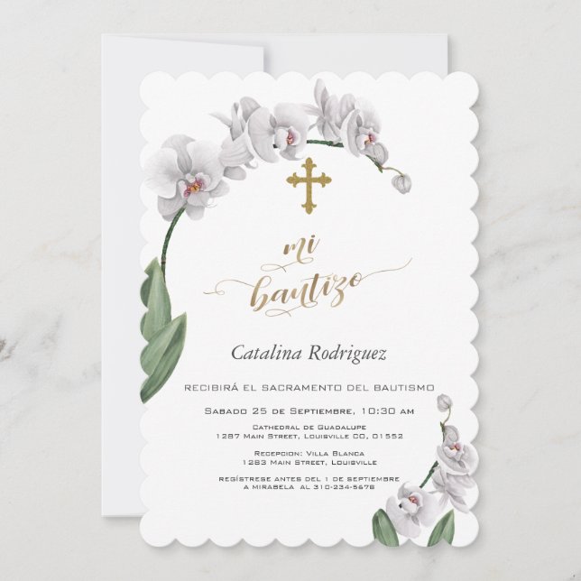 Delicate White Orchid Flowers Cross Mi Bautizo Invitation (Front)