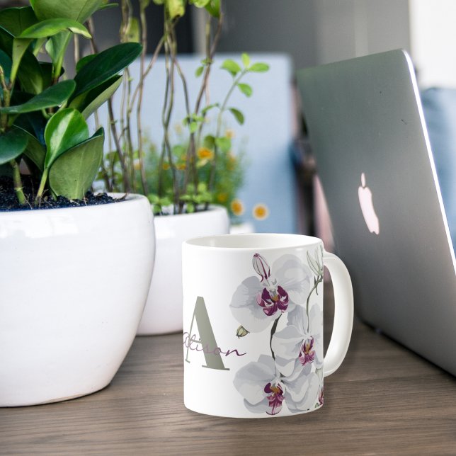 Delicate White Orchid Flowers Monogram Coffee Mug (Creator Uploaded)