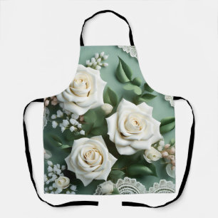 Delicate White Roses And Green Leaves Apron