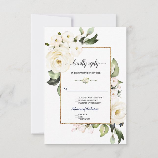 Delicate White Roses Gold Frame Wedding RSVP Card (Front)