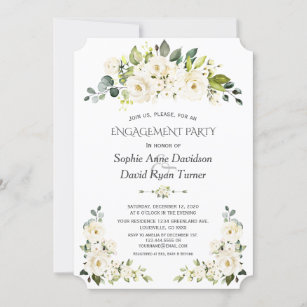 Delicate White Roses Hydrangea Bloom Engagement Invitation