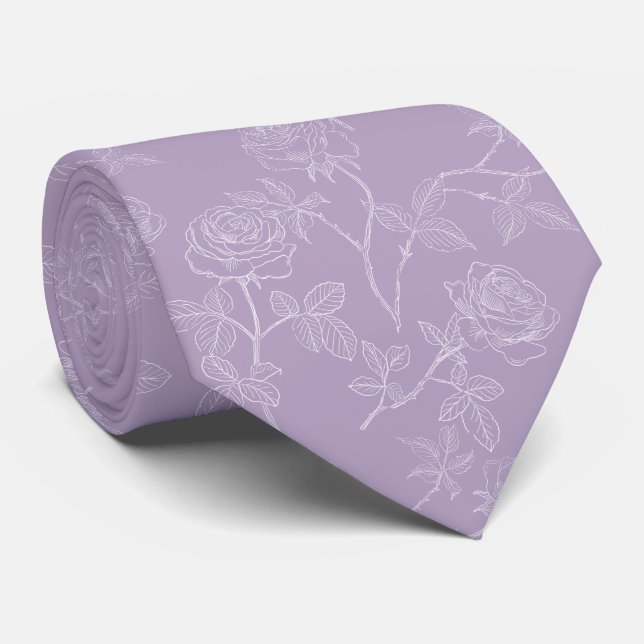 Delicate white roses on lavender tie (Rolled)