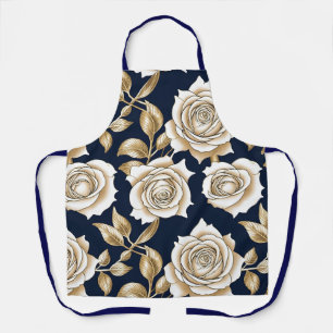 Delicate White Roses With Gold Accents Apron