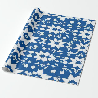 Delicate White Star-Shaped Floral Pattern on Blue  Wrapping Paper