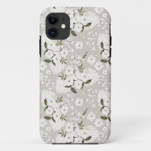 Delicate White Watercolor Floral Grey Fan Pattern iPhone 11 Case
