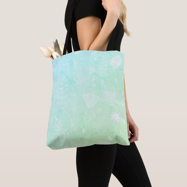 Delicate White Wildflower Mint Green Gradient Tote Bag (Close Up)