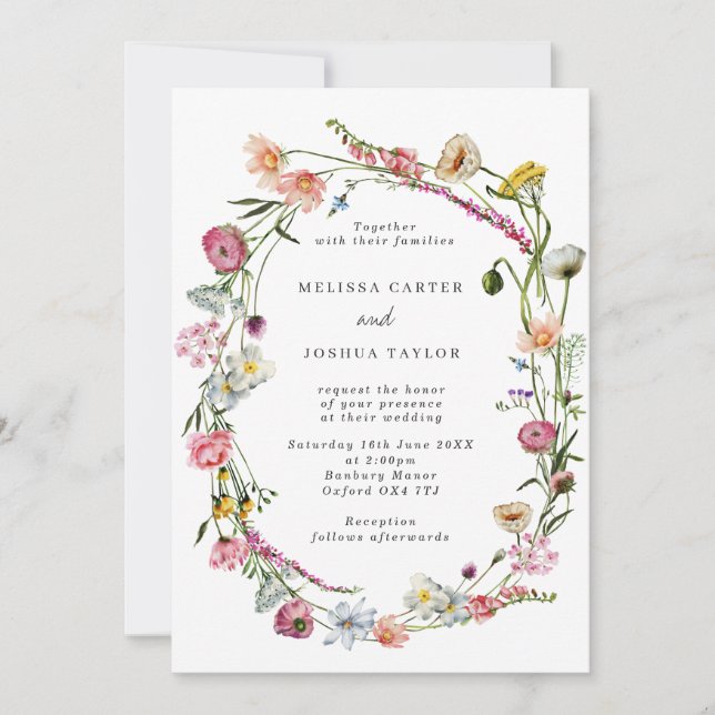 Delicate Wild Flowers Wreath Garden Wedding Invitation (Front)