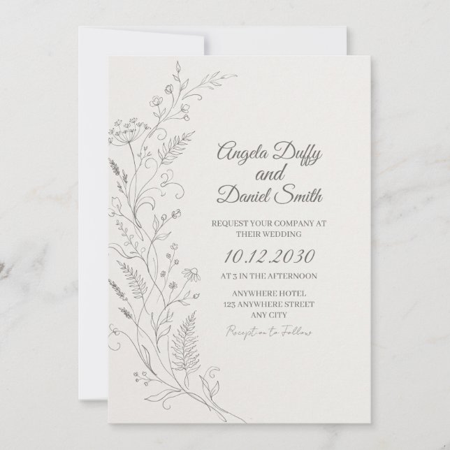 Delicate Wildflower Line Art Wedding Invitation (Front)