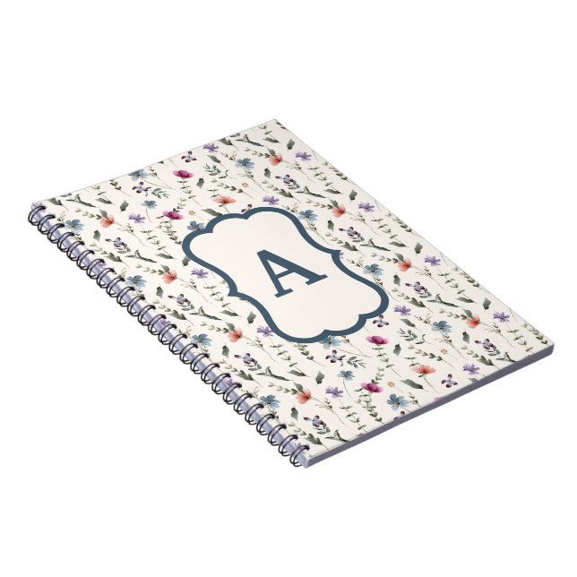 Delicate Wildflower Meadow Floral Pattern Monogram Notebook (Right Side)