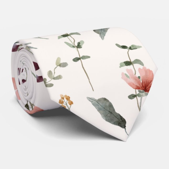 Delicate Wildflower Meadow Floral Pattern Monogram Tie (Rolled)