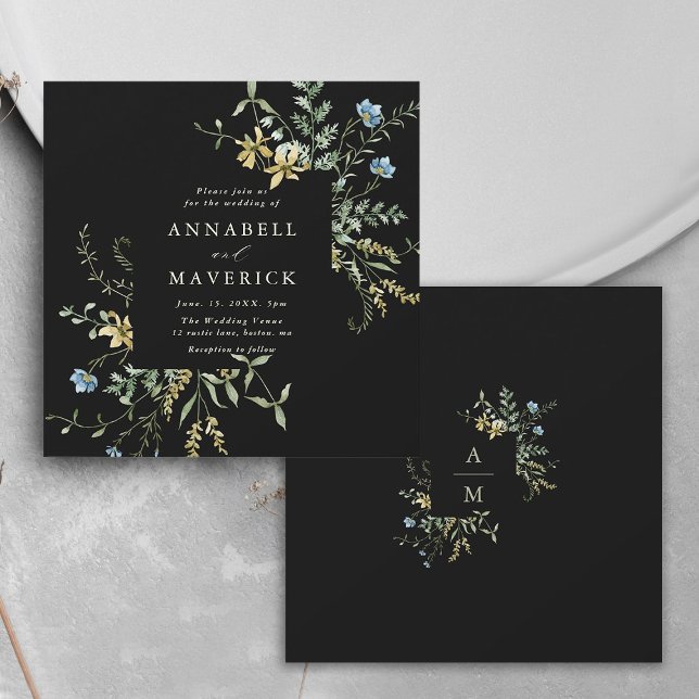 Delicate Wildflower Modern Boho Wedding Black Invitation (Front & Back)