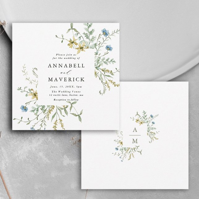 Delicate Wildflower Modern Boho Wedding Invitation (Front & Back)