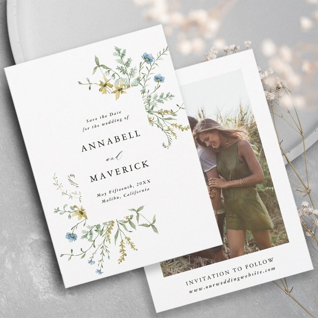 Delicate Wildflower Modern Boho Wedding Photo Save The Date (Front & Back)