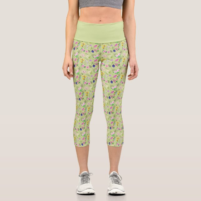 Delicate wildflower print in watercolour on green capri leggings (Front)