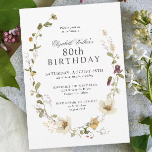 Delicate Wildflowers Feminine 80th Birthday Party Invitation