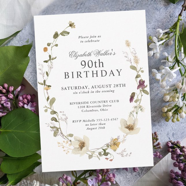 Delicate Wildflowers Feminine 90th Birthday Party Invitation (This lovely wildflowers invitation is available as printed or digital download invitations!)