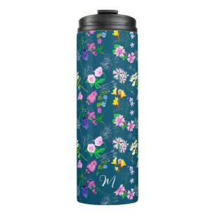 Delicate wildflowers in dark blue. Custom. Thermal Tumbler