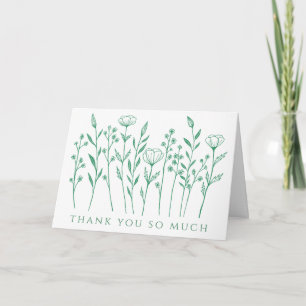 Delicate Wildflowers Line Art Green Bridal Shower Thank You Card